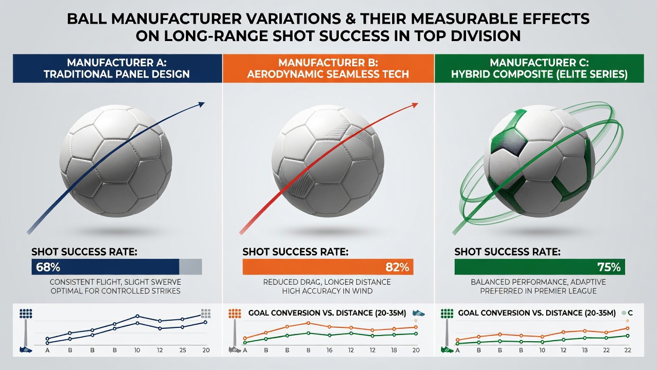 Statistische Grafik zu Trefferquoten bei Langschüssen in Abhängigkeit vom Ballhersteller in europäischen Ligen