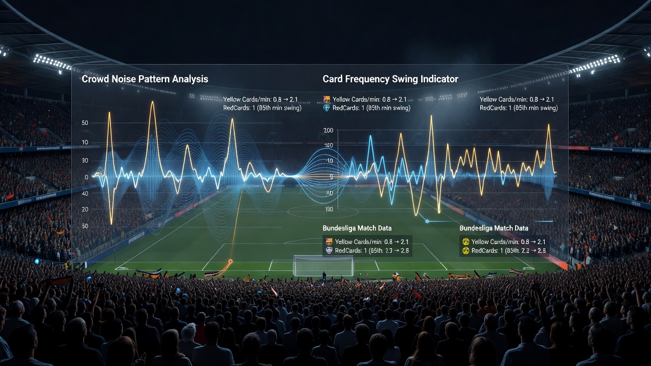 Detailaufnahme einer Menschenmenge in einem Bundesliga-Stadion während eines Abendspiels mit Fokus auf akustische und visuelle Dynamik