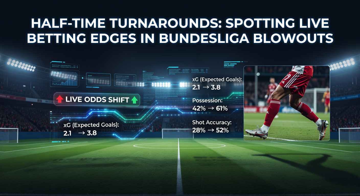 Dramatisches Bundesliga-Spiel mit Spielern in Aktion während einer Halbzeit-Umkehrung, Stadion beleuchtet und Fans in Ekstase