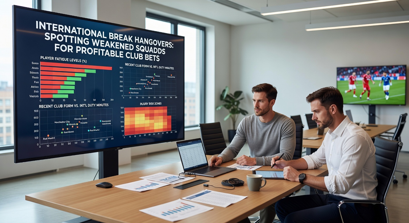 Grafik mit Statistiken zu Leistungsabfall nach internationalen Pausen in europäischen Ligen, inklusive Balkendiagrammen zu Verletzungen und Toren
