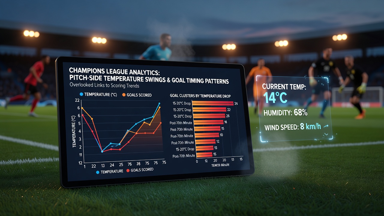 Detaillierte Grafik zu Temperaturverläufen und Torzeitpunkten in Champions-League-Spielen